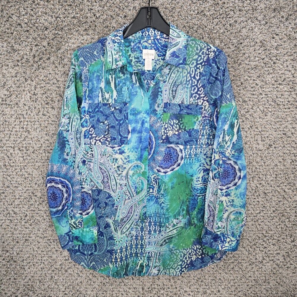 Chicos Top Womens 0 US Small‎ Blue Printed Button Up Sheer Pockets Long Sleeve